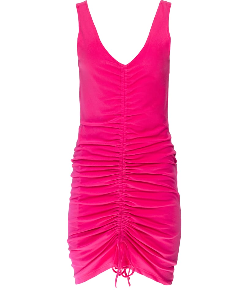 Front of a size XL Ruched Sleeveless Mini Dress in Pink by Hilary MacMillan. | dia_product_style_image_id:282676